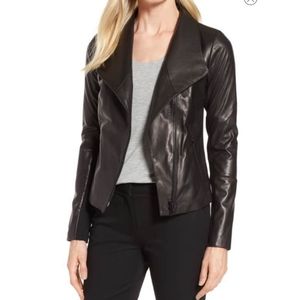 Nordstrom Signature Stand Collar Geniune Leather & Wool Jacket Black Medium